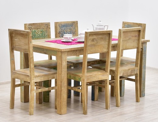 Indyjski komplet obiadowy z litego drewna stół + 6 krzeseł
