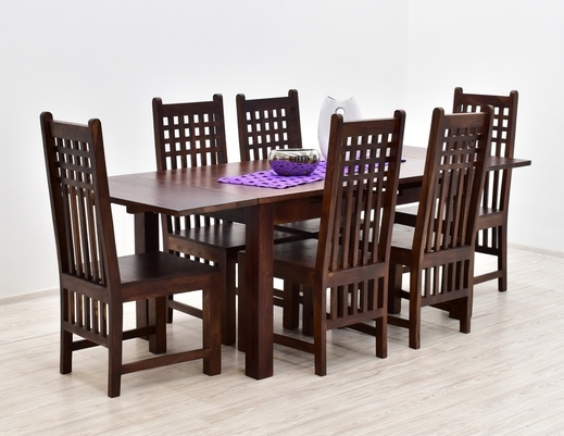 Komplet obiadowy: kolonialny stół rozkładany z dostawkami + 6 krzeseł