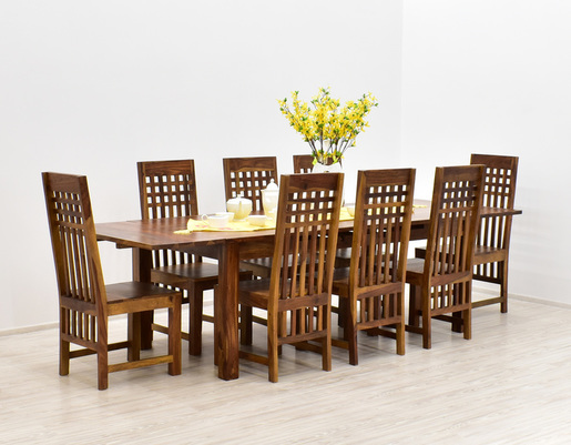 Indyjski drewniany komplet obiadowy stół rozkładany + 8 krzeseł