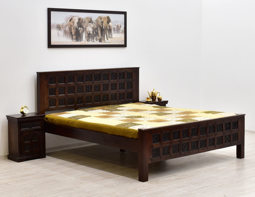 Drewniane łóżko kolonialne rzeźbione lite drewno akacja indyjska