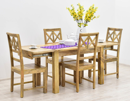Kolonialny komplet obiadowy: rozkładany stół + 4 krzesła lite drewno mango