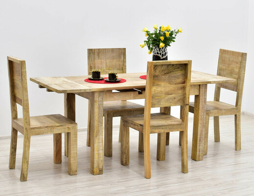 Kolonialny loftowy komplet obiadowy: rozkładany stół + 4 krzesła drewno mango