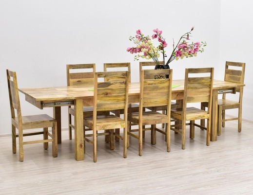 Kolonialny komplet obiadowy: rozkładany stół + 8 krzeseł lite drewno mango