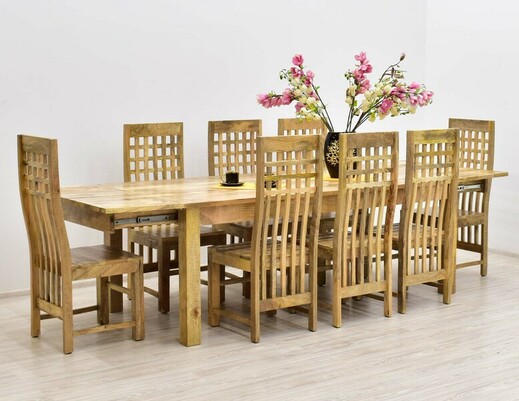 Kolonialny komplet obiadowy: rozkładany stół + 8 krzeseł lite drewno mango
