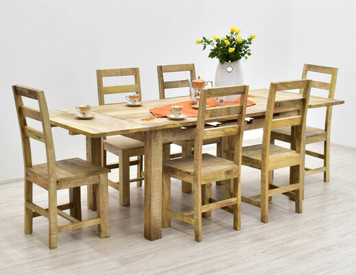 Kolonialny loftowy komplet obiadowy: rozkładany stół + 6 krzeseł drewno mango