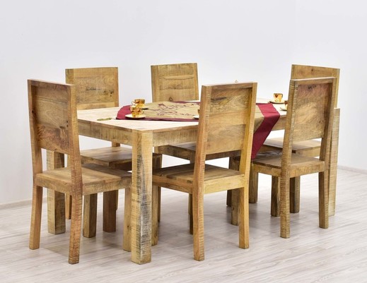 Kolonialny indyjski komplet obiadowy loft: stół + 6 krzeseł lite drewno mango