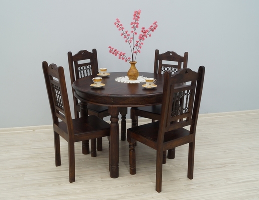 Indyjski drewniany komplet obiadowy  stół okrągły + 4  krzesła z metaloplastyką