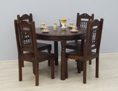 Kolonialny komplet obiadowy: stół okrągły + 4 krzesła palisander metaloplastyka