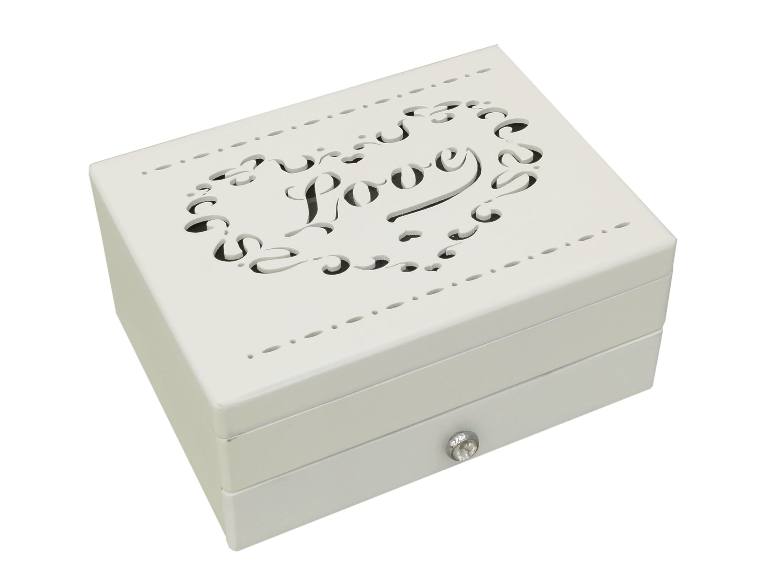 biała szkatułka na biżuterię z dekoracyjnym napisem na wieku